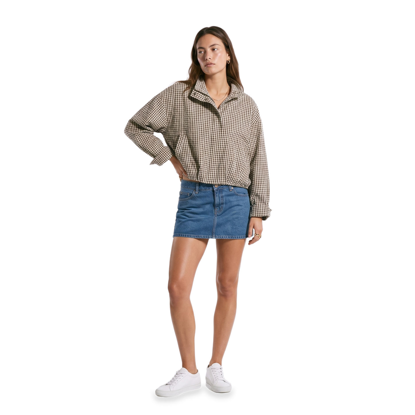 Sunoire plaid stand collar zip jacket colorway light brown plaid front crop 01