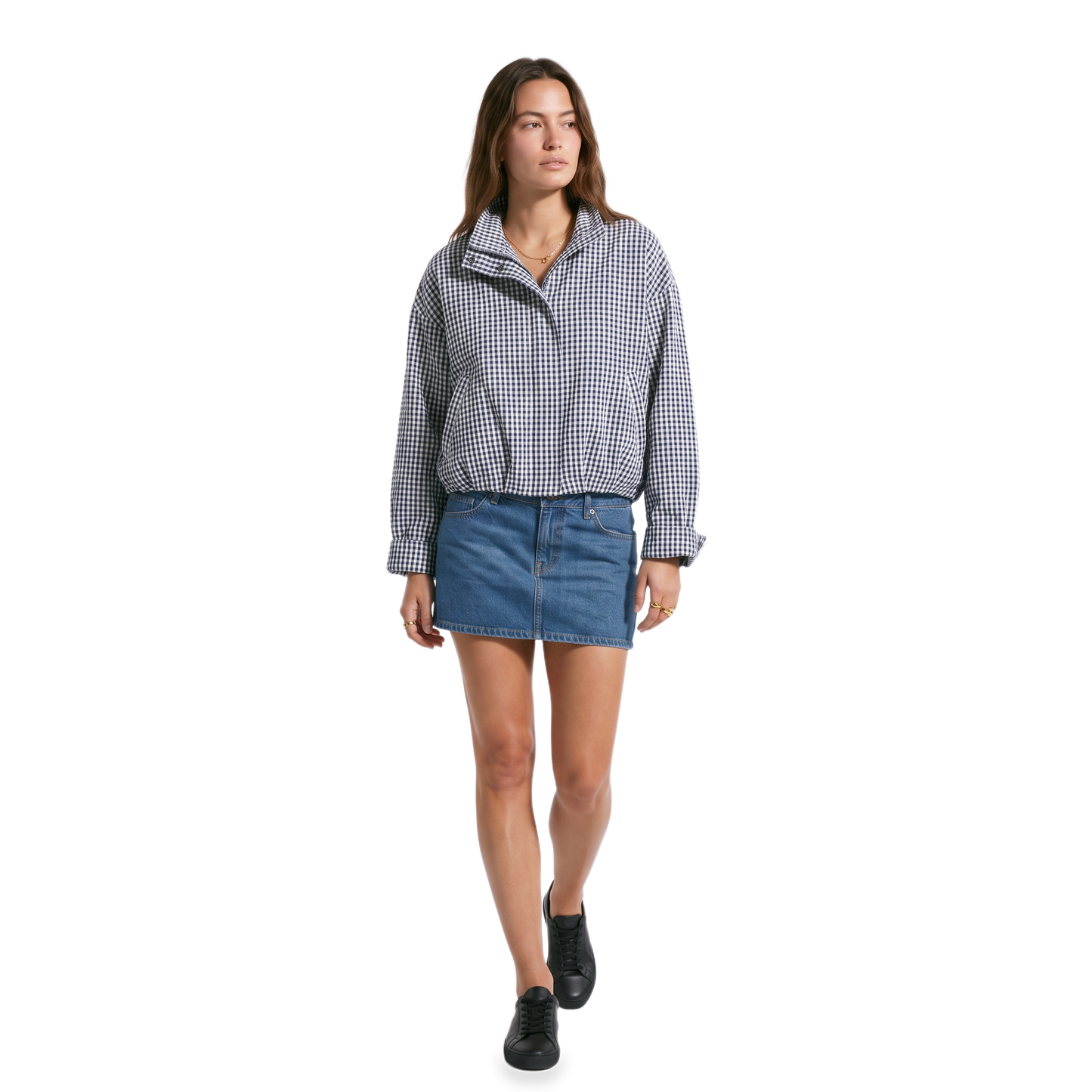 Sunoire plaid stand collar zip jacket colorway navy blue checkered front crop 01