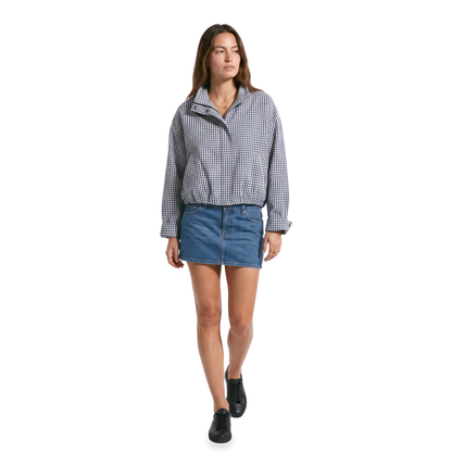 Sunoire plaid stand collar zip jacket colorway navy blue checkered front crop 01