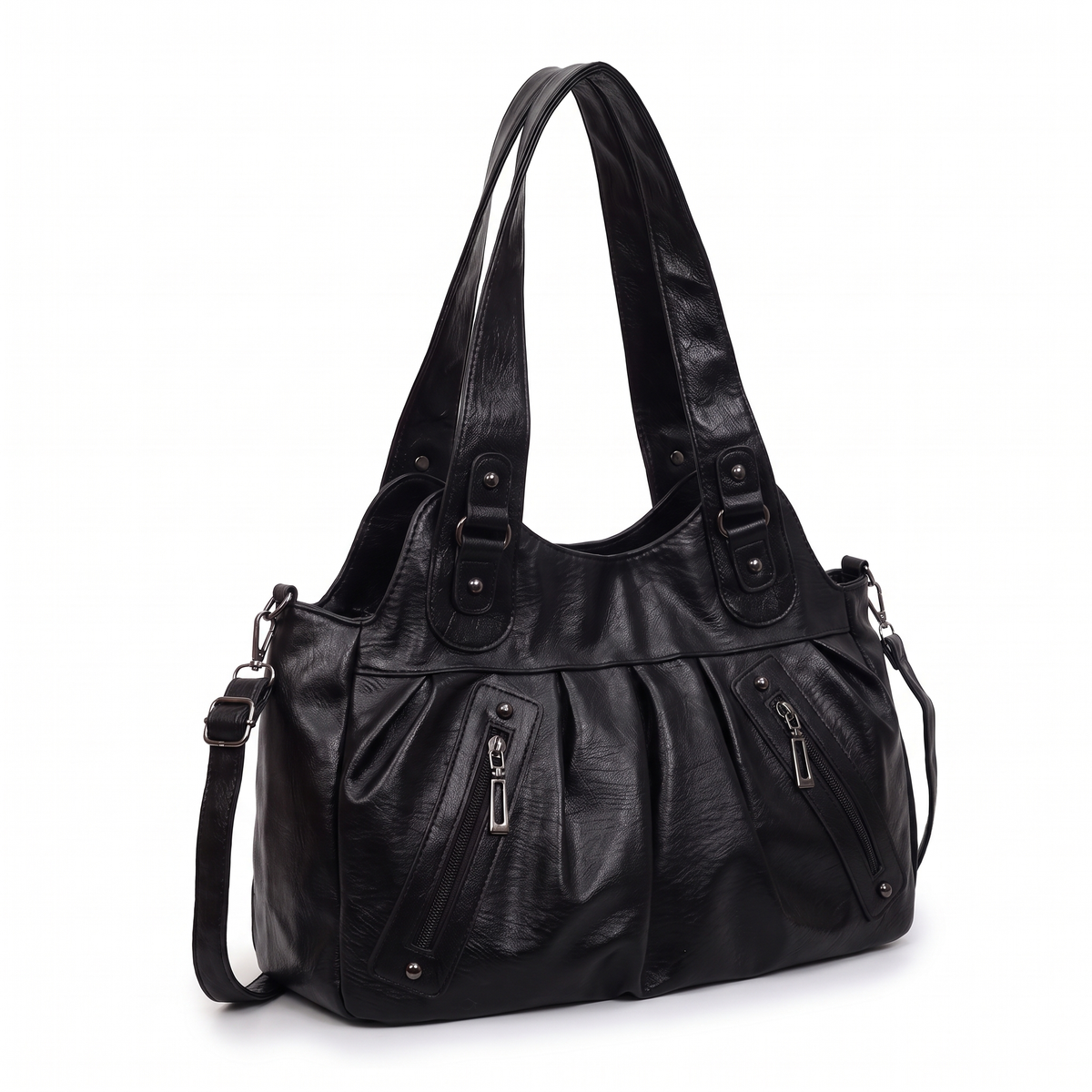 Women's Pleated Faux Leather Hobo Bag, three-quarter view