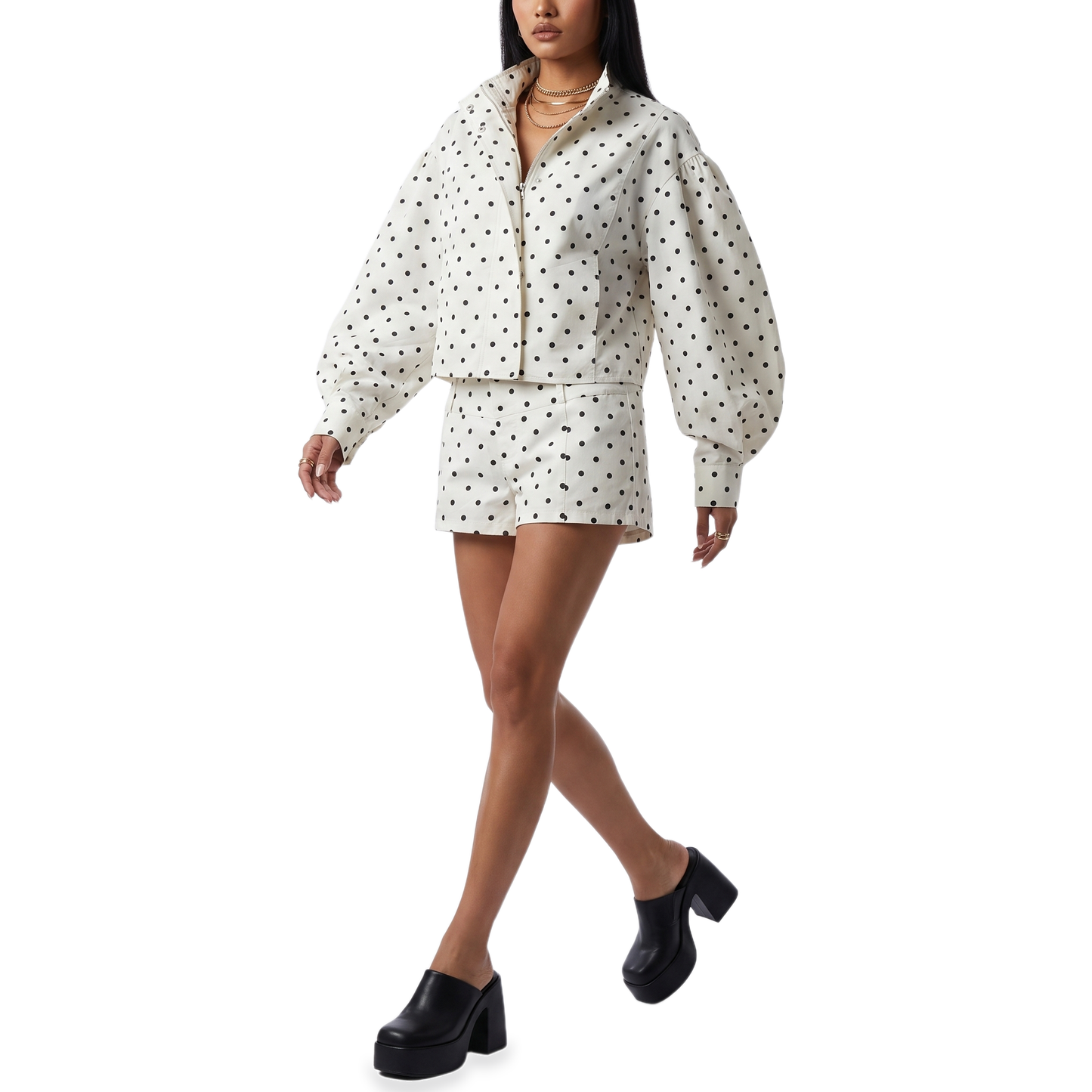 Sunoire polka dot mandarin collar cropped shorts set front hero 01