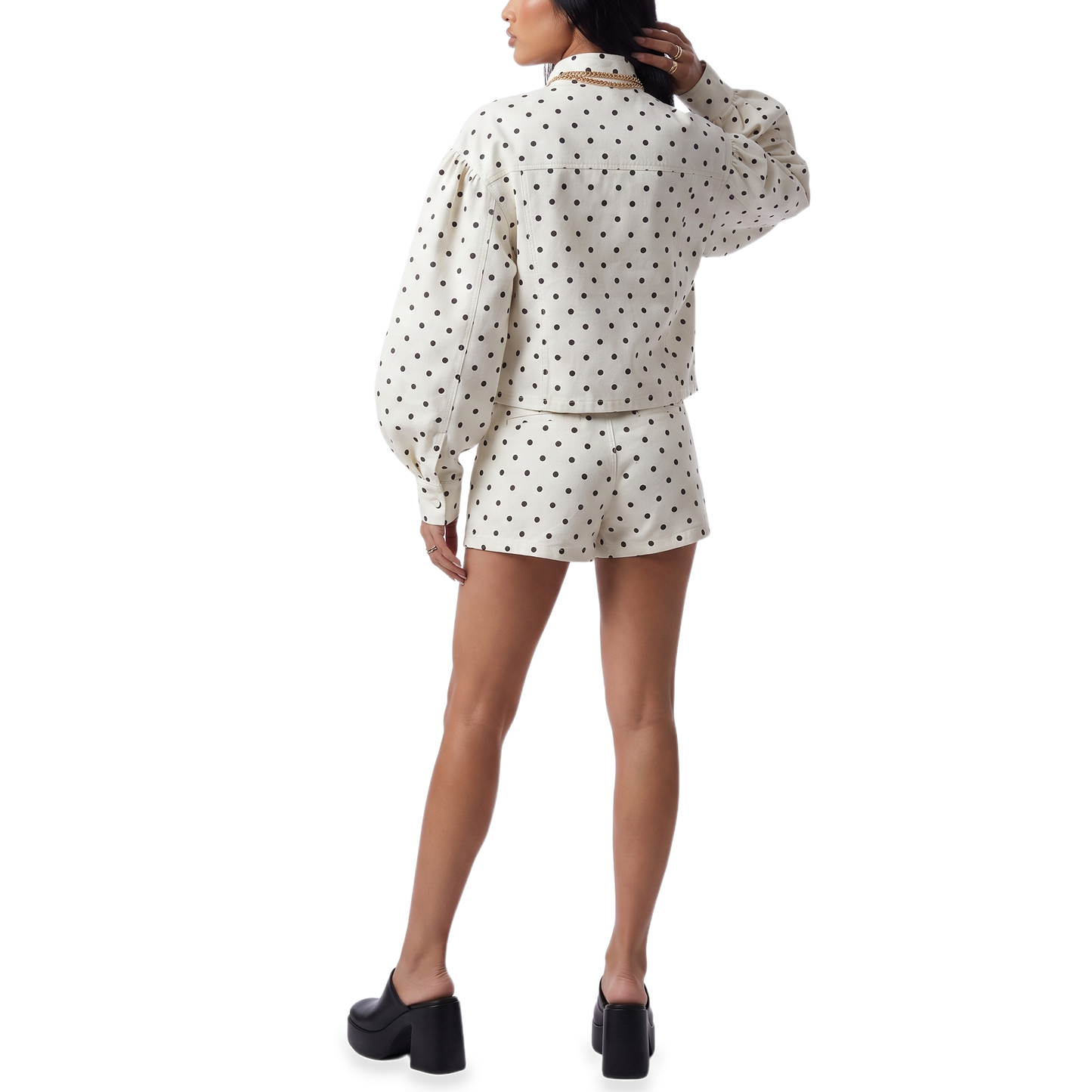 Sunoire polka dot mandarin collar cropped shorts set back view 01
