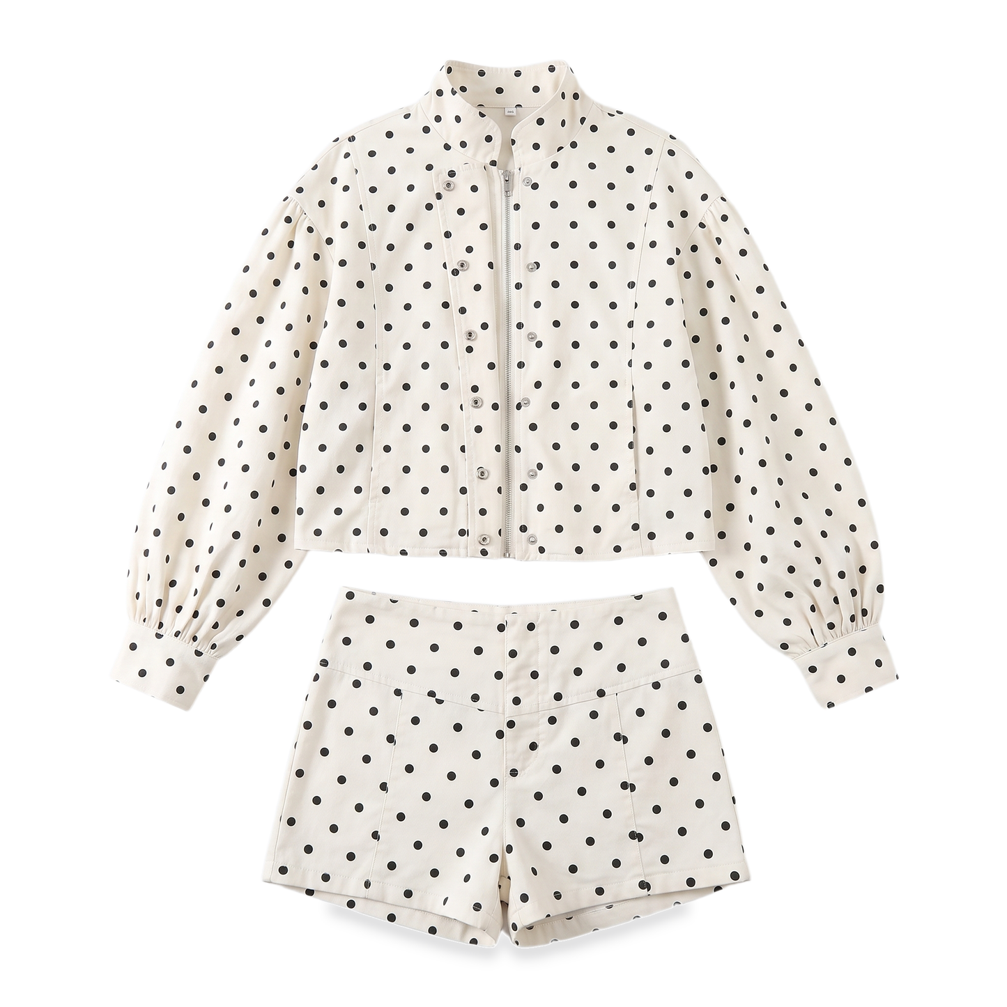 Sunoire polka dot mandarin collar cropped shorts set garment flatlay 01