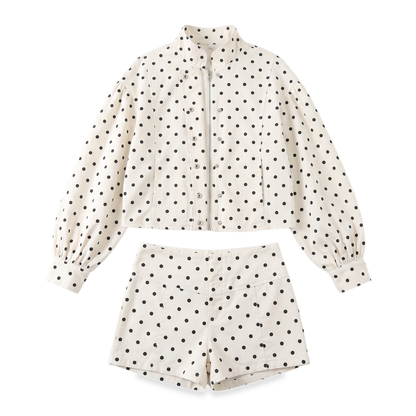 Sunoire polka dot mandarin collar cropped shorts set garment flatlay 01