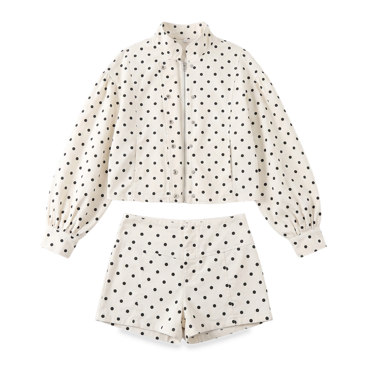 Sunoire polka dot mandarin collar cropped shorts set garment flatlay 01