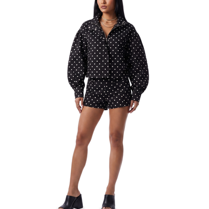 Sunoire polka dot mandarin collar cropped shorts set colorway black front crop 01