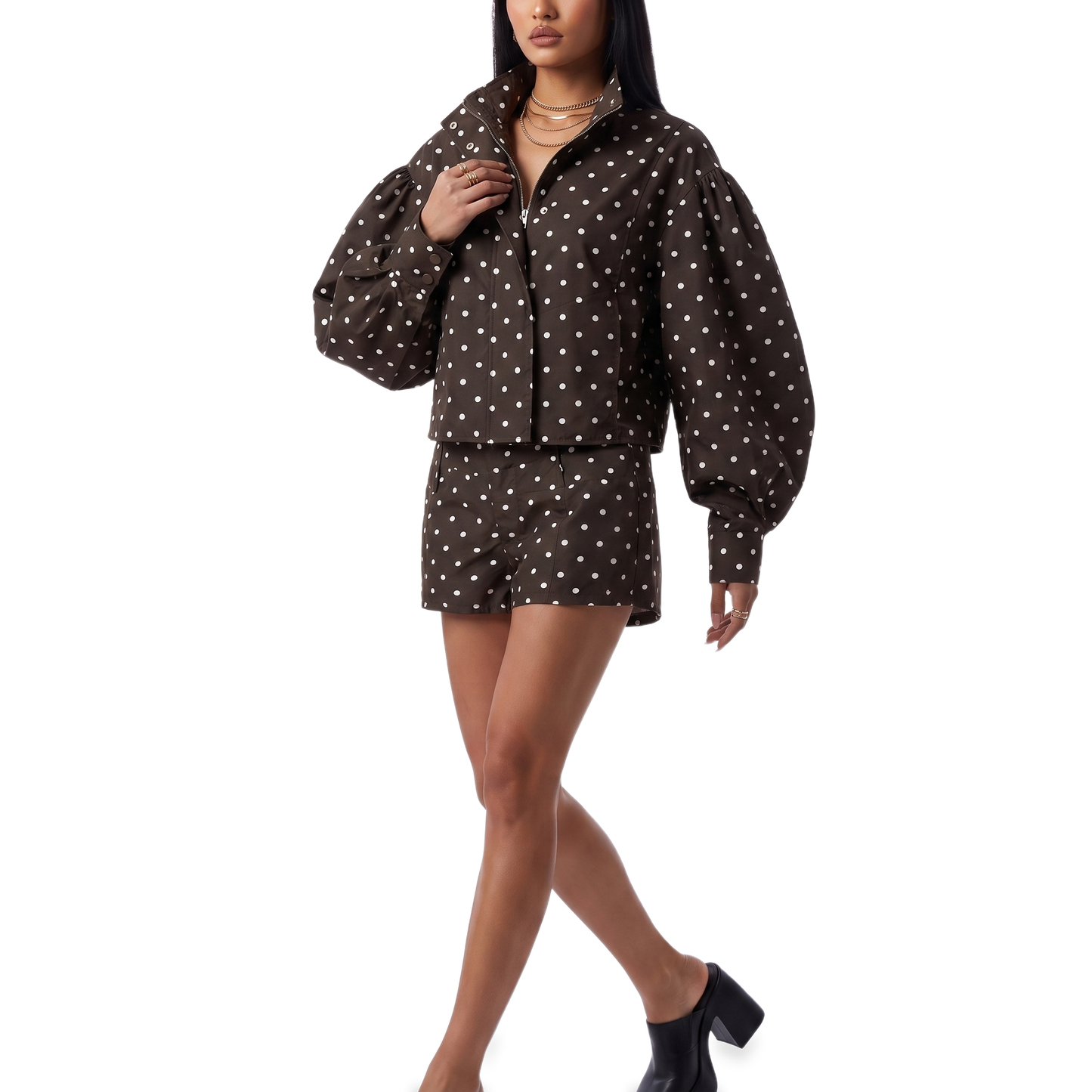Sunoire polka dot mandarin collar cropped shorts set colorway chocolate front crop 01