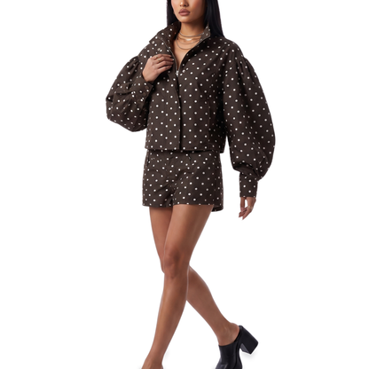 Sunoire polka dot mandarin collar cropped shorts set colorway chocolate front crop 01