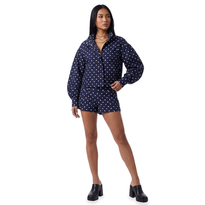 Sunoire polka dot mandarin collar cropped shorts set colorway navy front crop 01