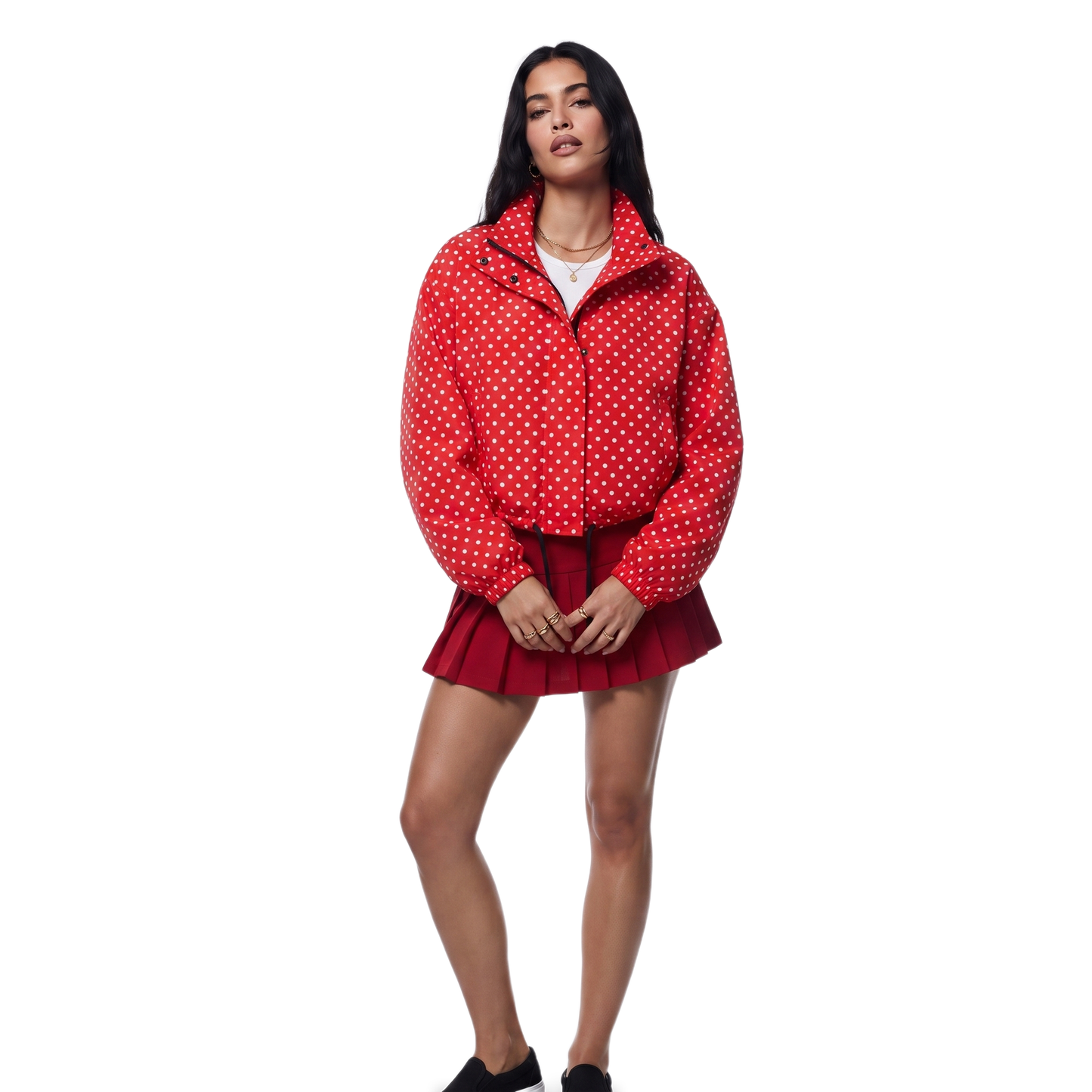 Sunoire ivory polka dot drawstring jacket colorway red front crop 01