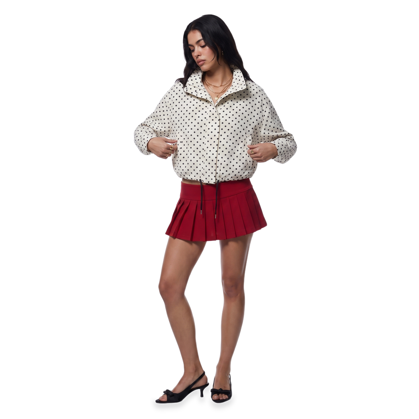 Sunoire ivory polka dot drawstring jacket three quarter 01