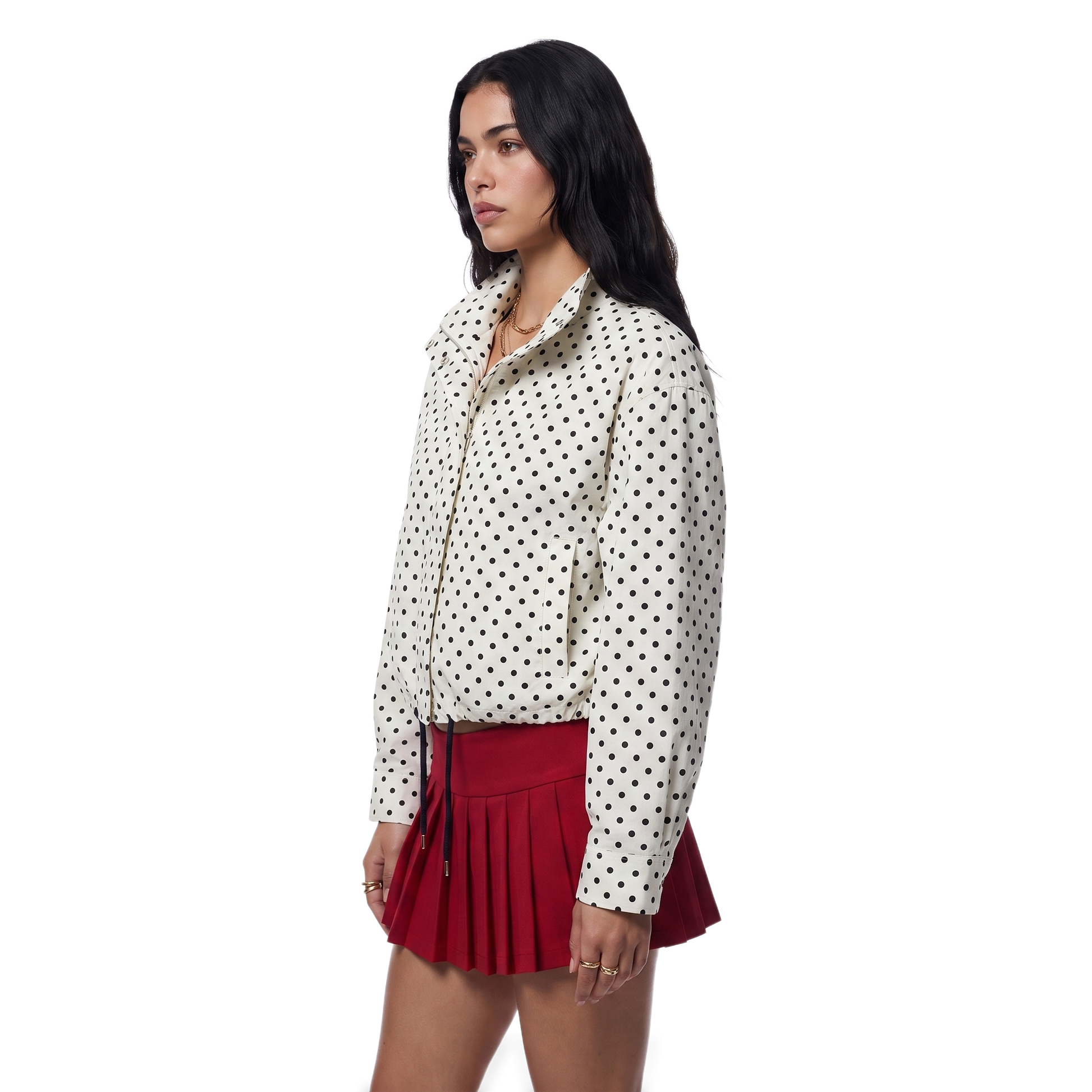 Sunoire ivory polka dot drawstring jacket top side crop 01