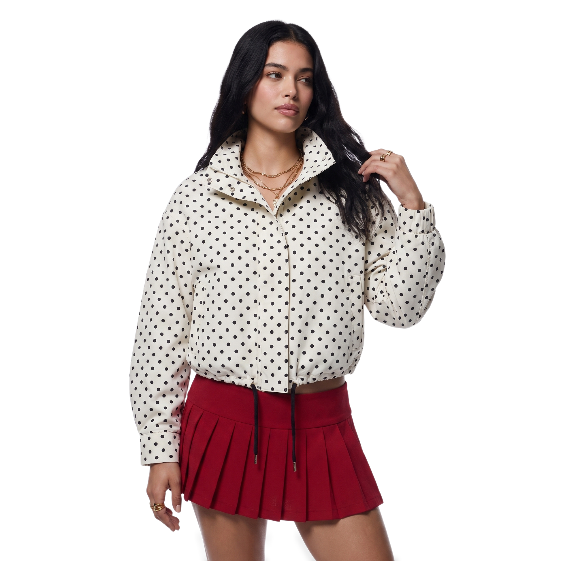 Sunoire ivory polka dot drawstring jacket top crop 3q 01