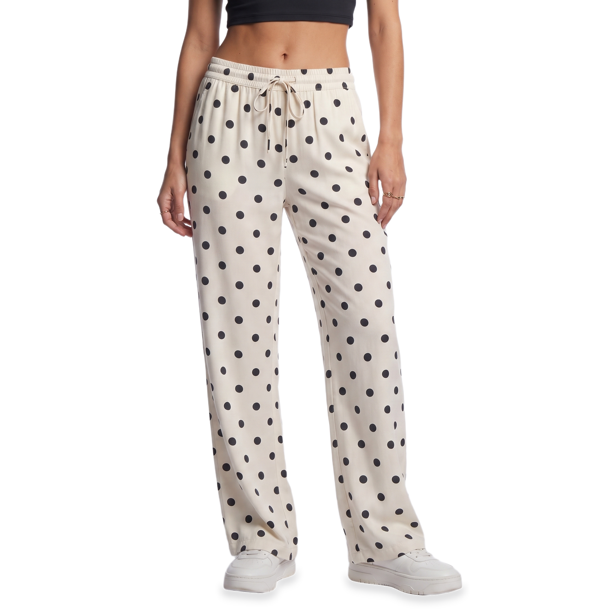Sunoire ivory polka dot drawstring pants bottom front crop 01