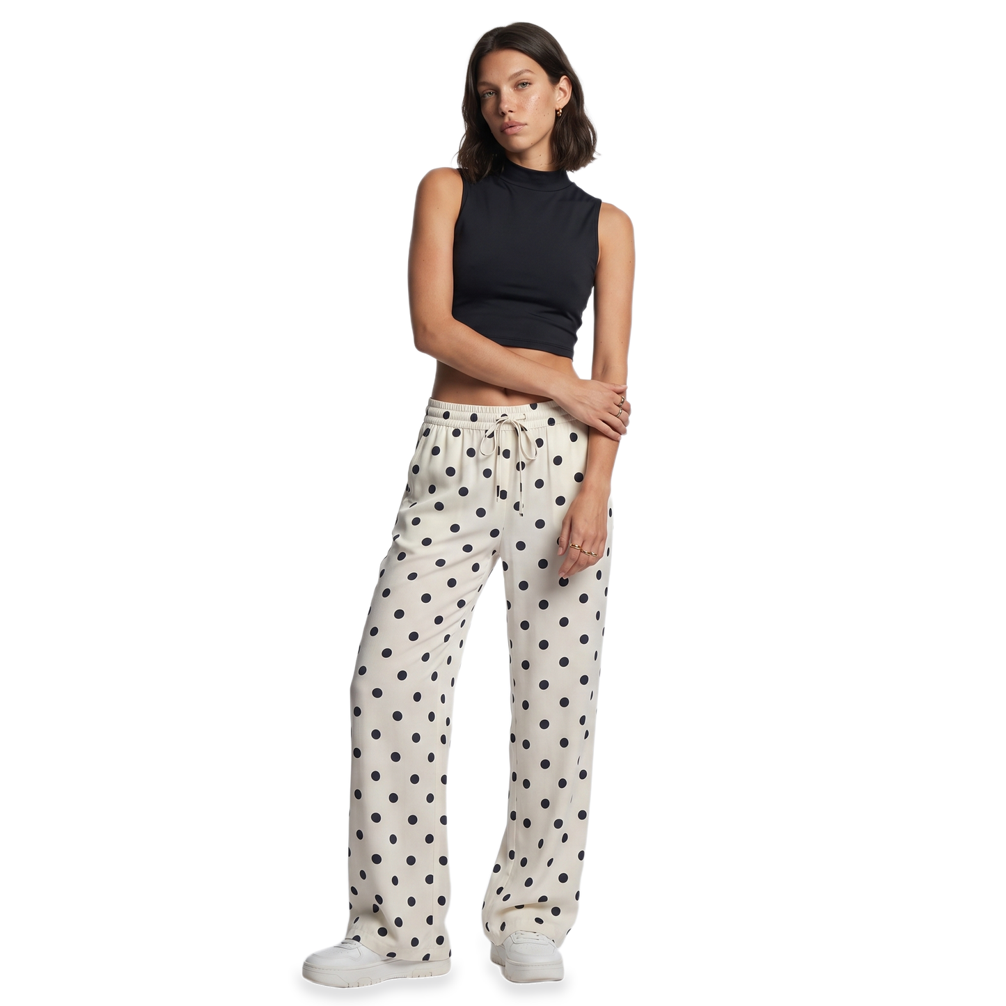 Sunoire ivory polka dot drawstring pants front hero 01