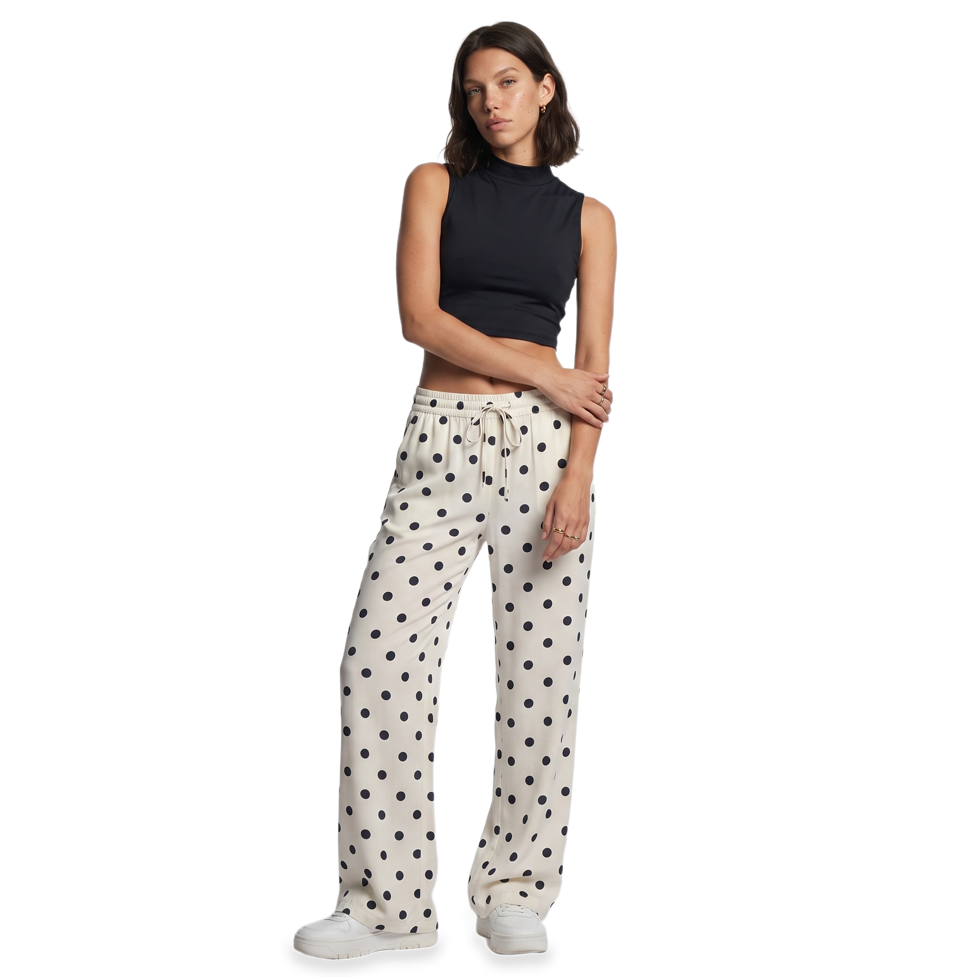 Sunoire ivory polka dot drawstring pants front hero 01