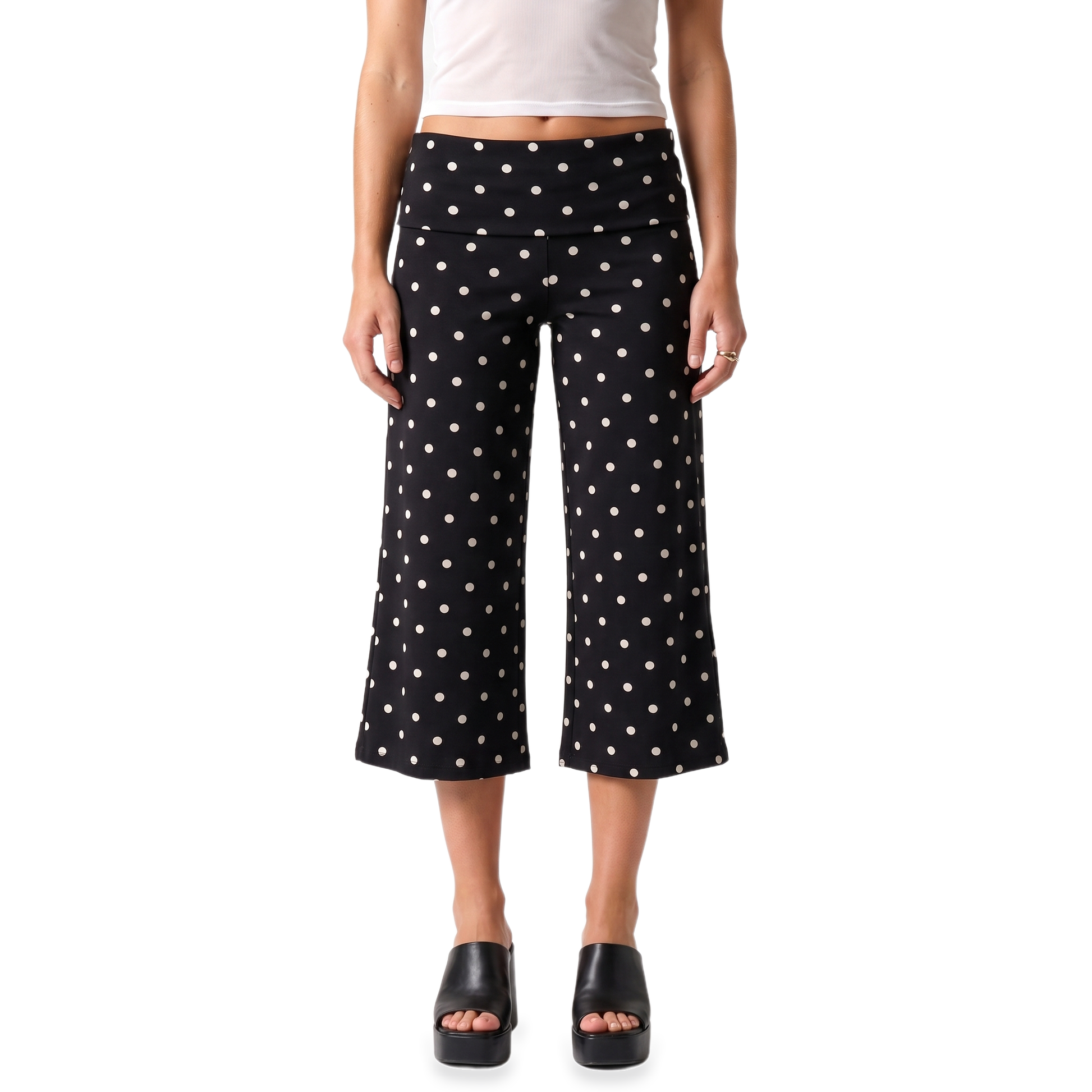 Sunoire black polka dot gaucho capri pants bottom front crop 01
