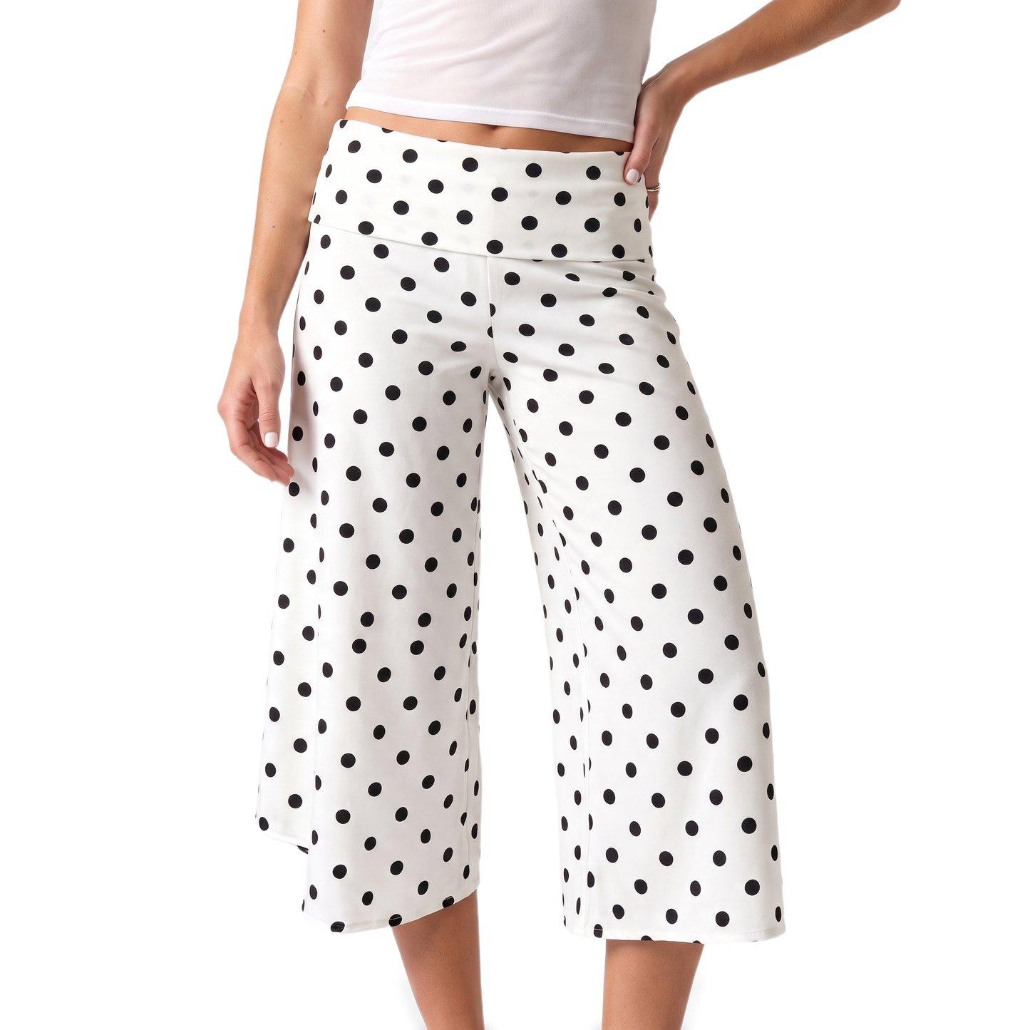 Sunoire black polka dot gaucho capri pants colorway white front crop 01