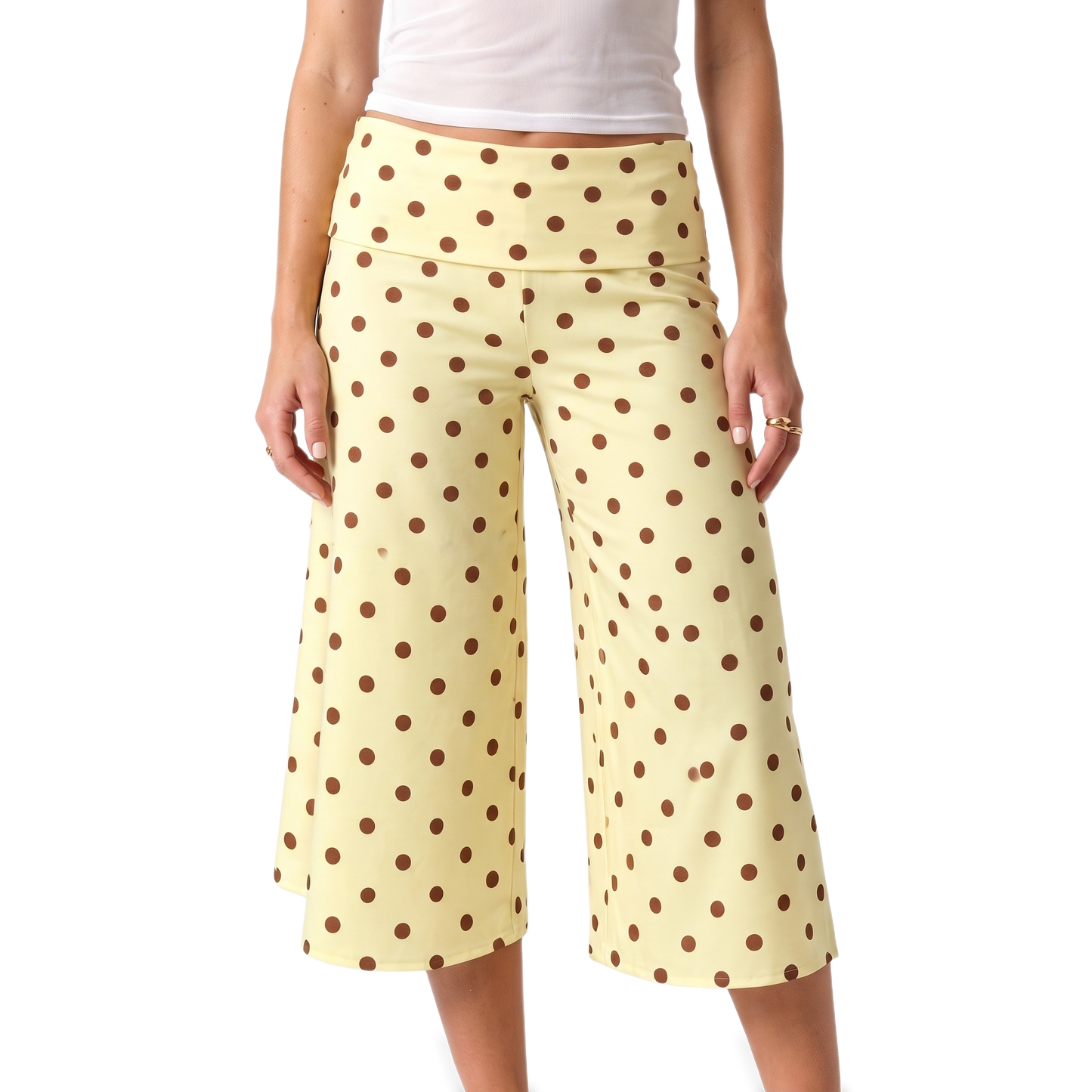 Sunoire black polka dot gaucho capri pants colorway yellow front crop 01