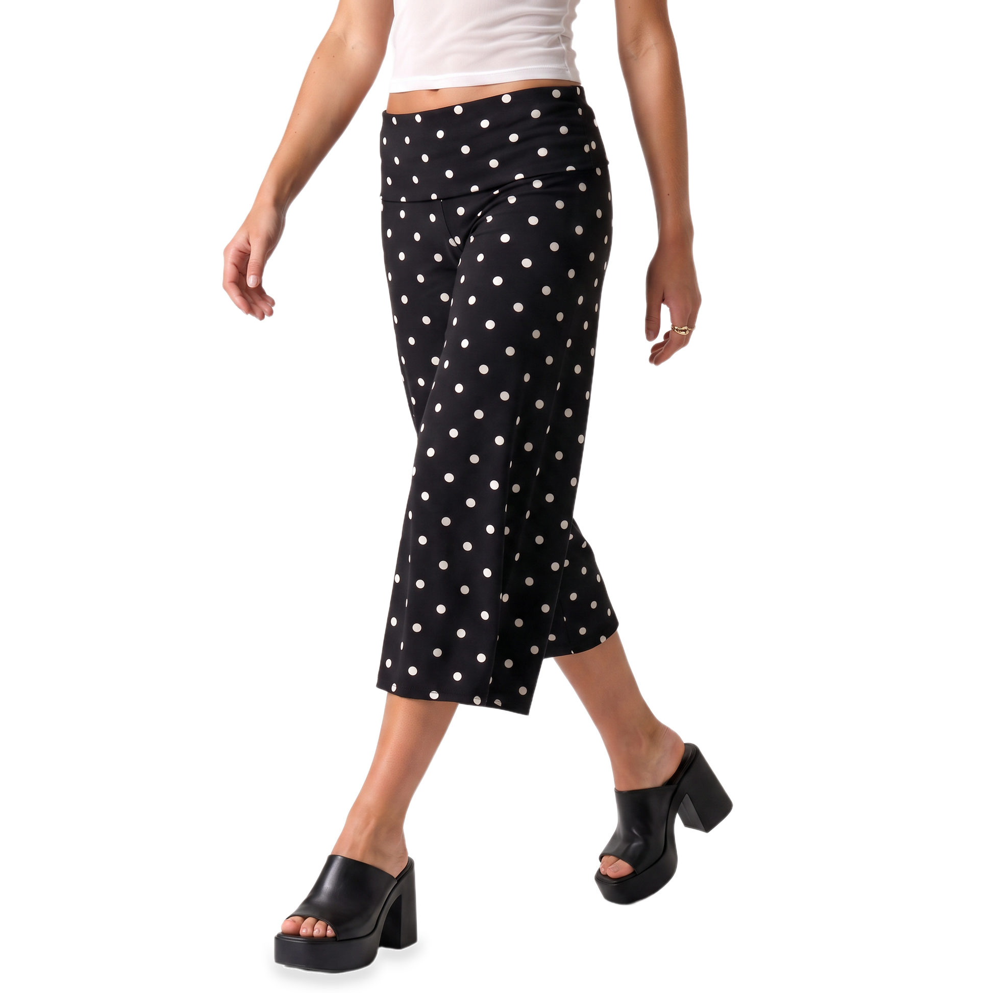 Sunoire black polka dot gaucho capri pants bottom crop 3q 01