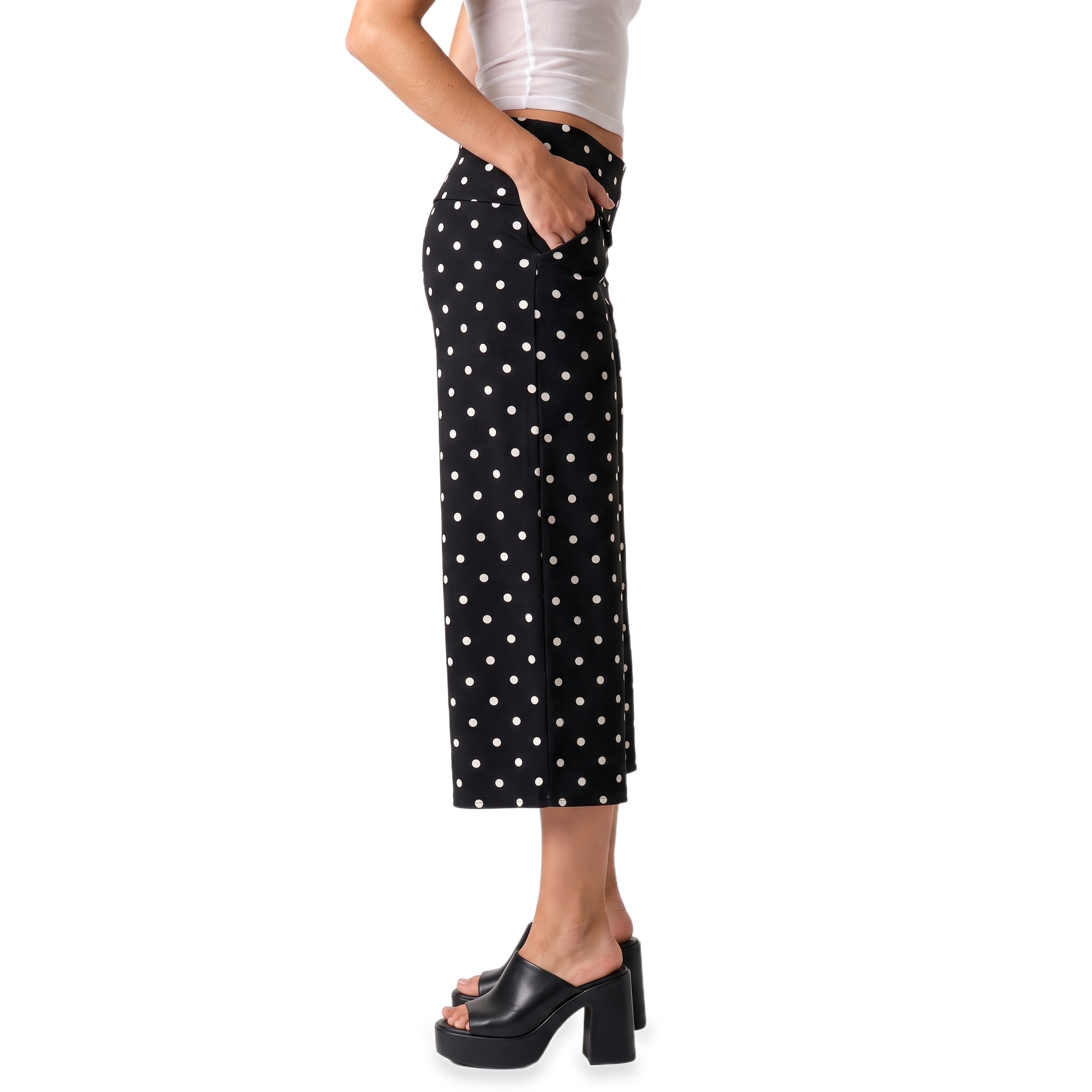 Sunoire black polka dot gaucho capri pants bottom side crop 01