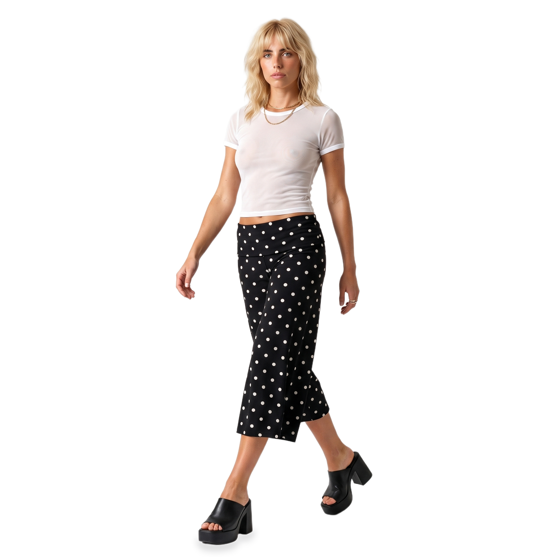 Sunoire black polka dot gaucho capri pants front hero 01