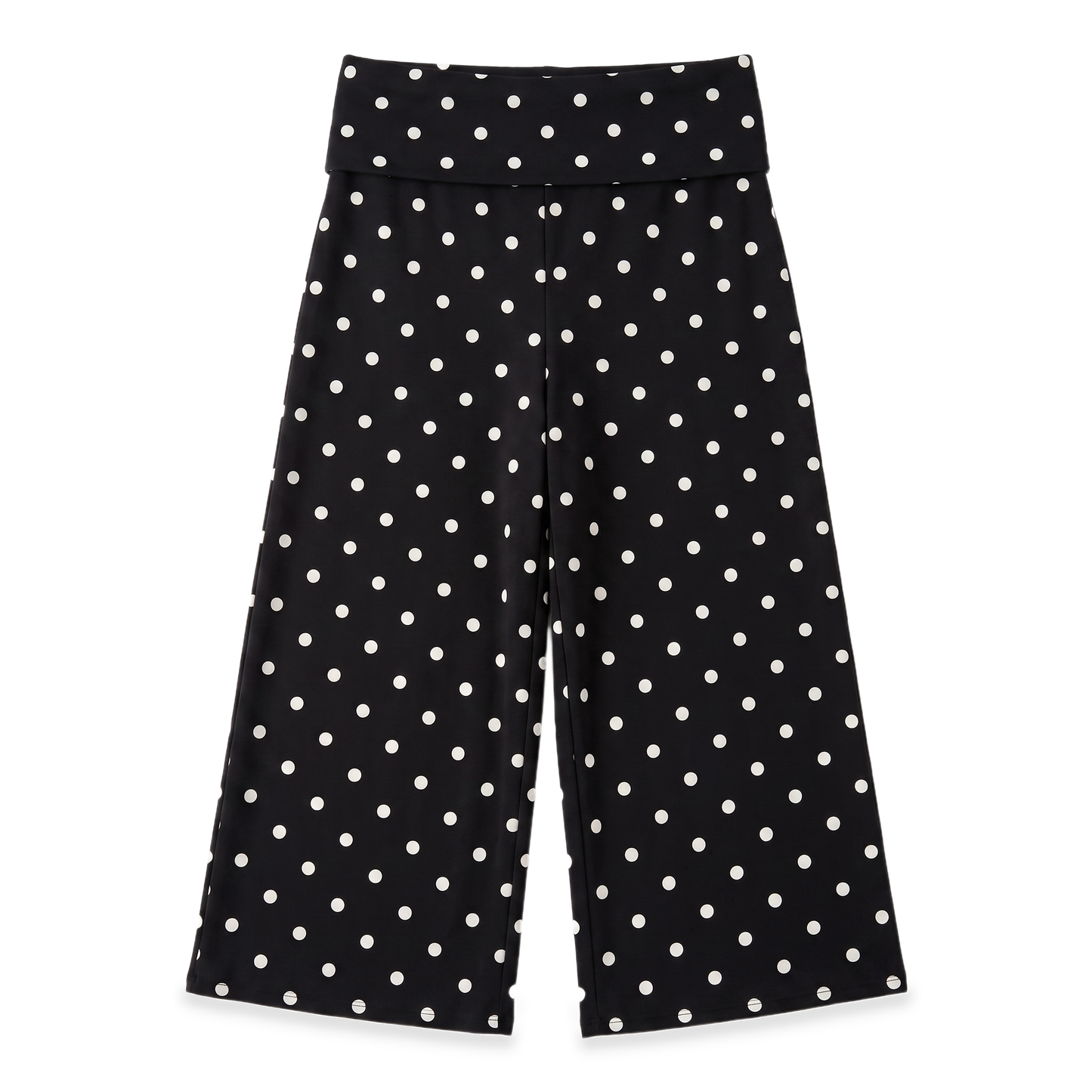 Sunoire black polka dot gaucho capri pants garment flatlay 01