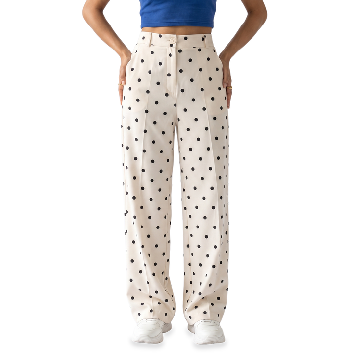 Sunoire cream polka dot tailored trousers bottom front crop 01