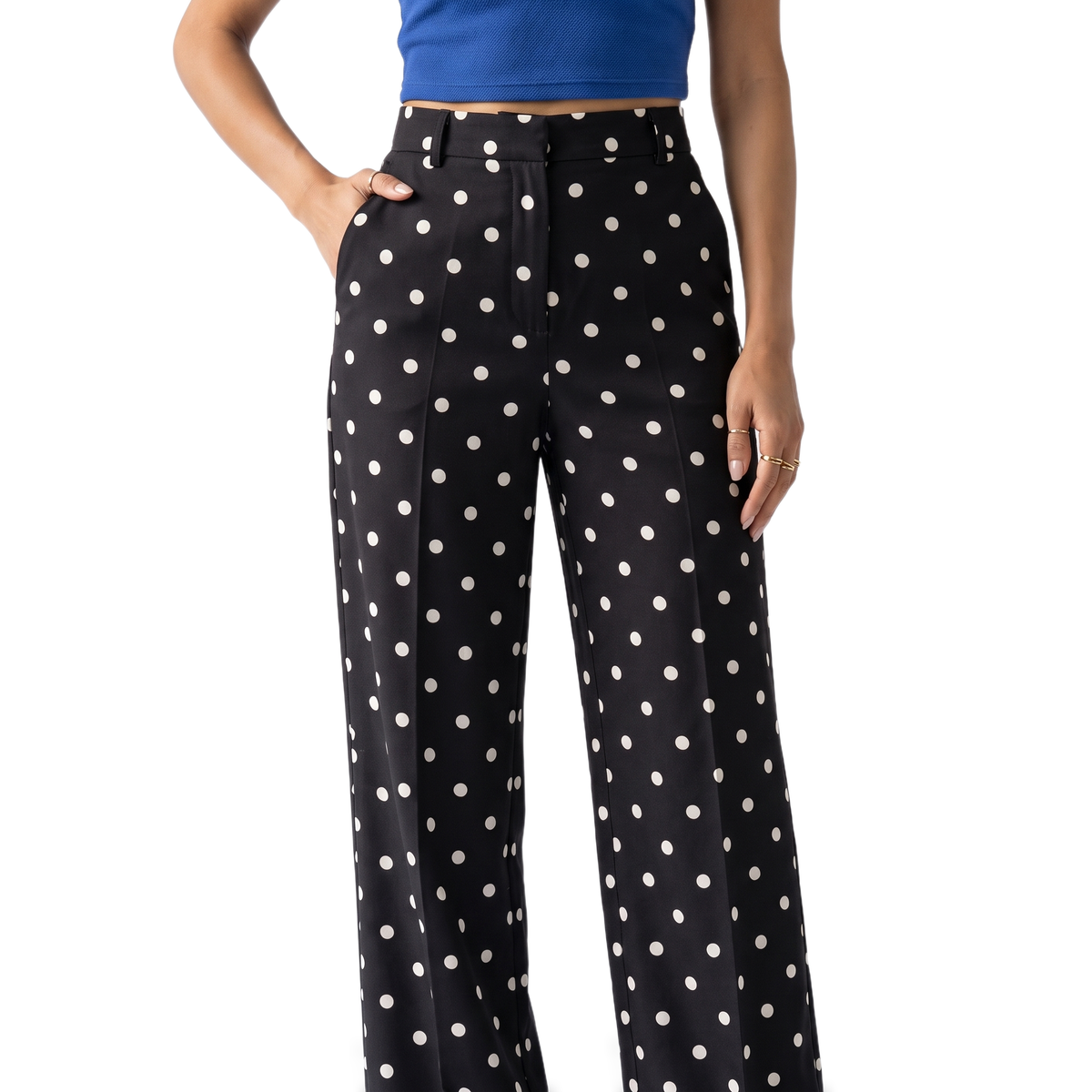 Sunoire cream polka dot tailored trousers colorway black front crop 01