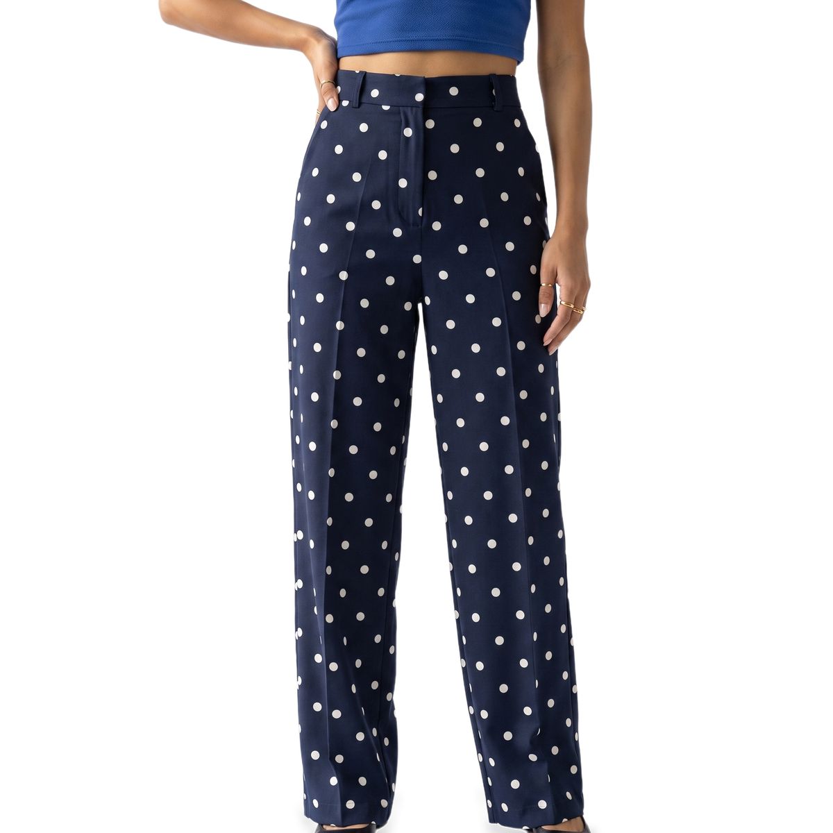 Sunoire cream polka dot tailored trousers colorway dark blue front crop 01