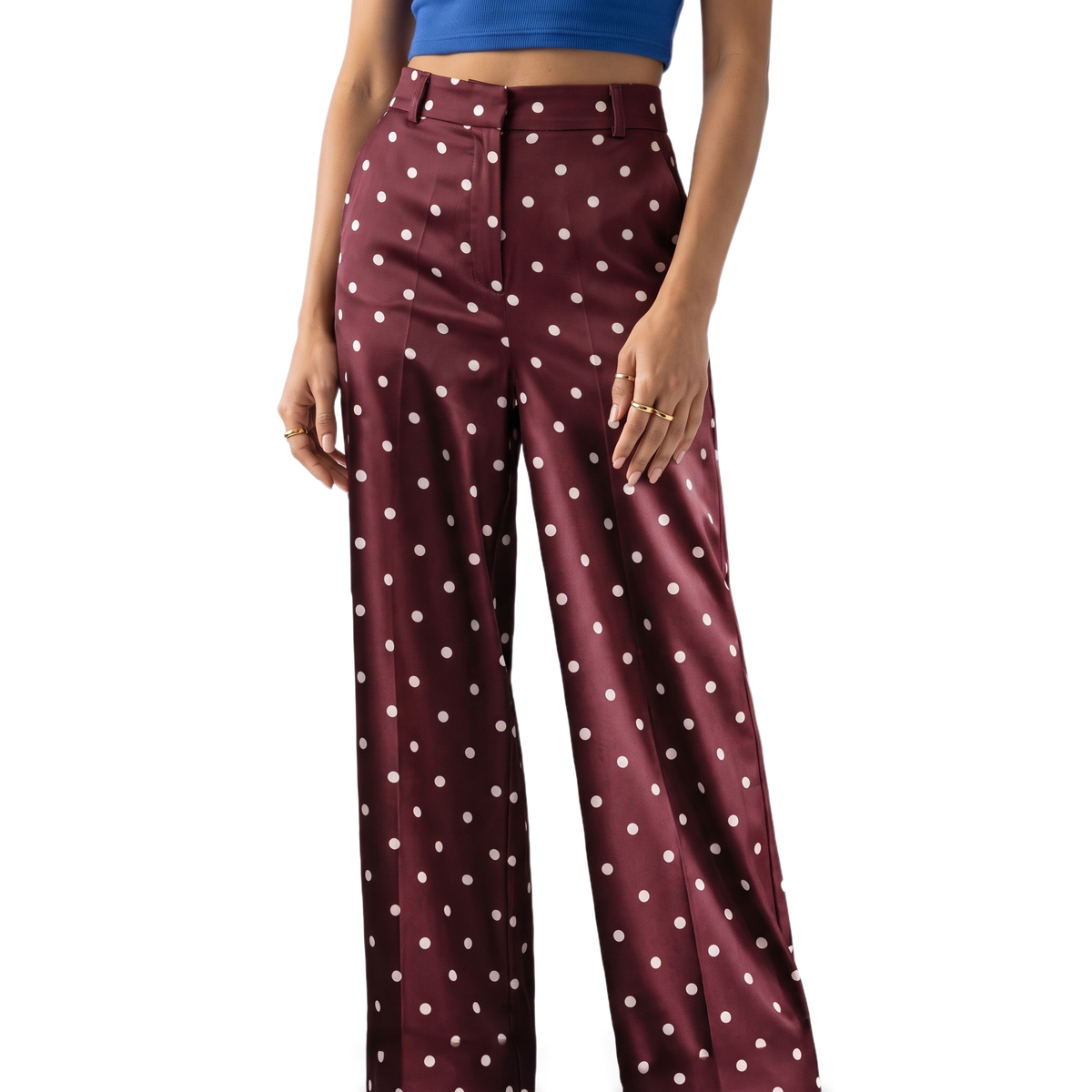 Sunoire cream polka dot tailored trousers colorway wine red front crop 01