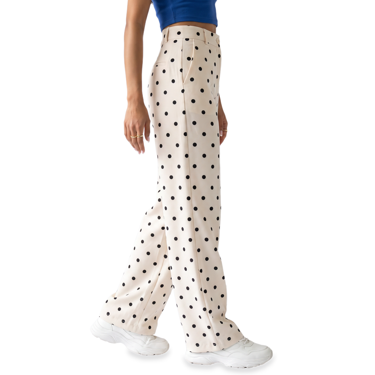Sunoire cream polka dot tailored trousers bottom side crop 01