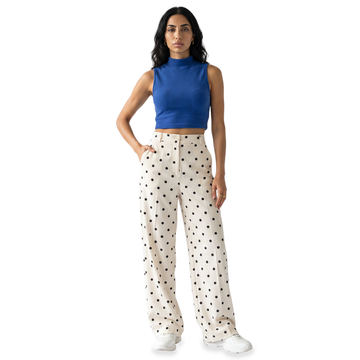 Sunoire cream polka dot tailored trousers front hero 01