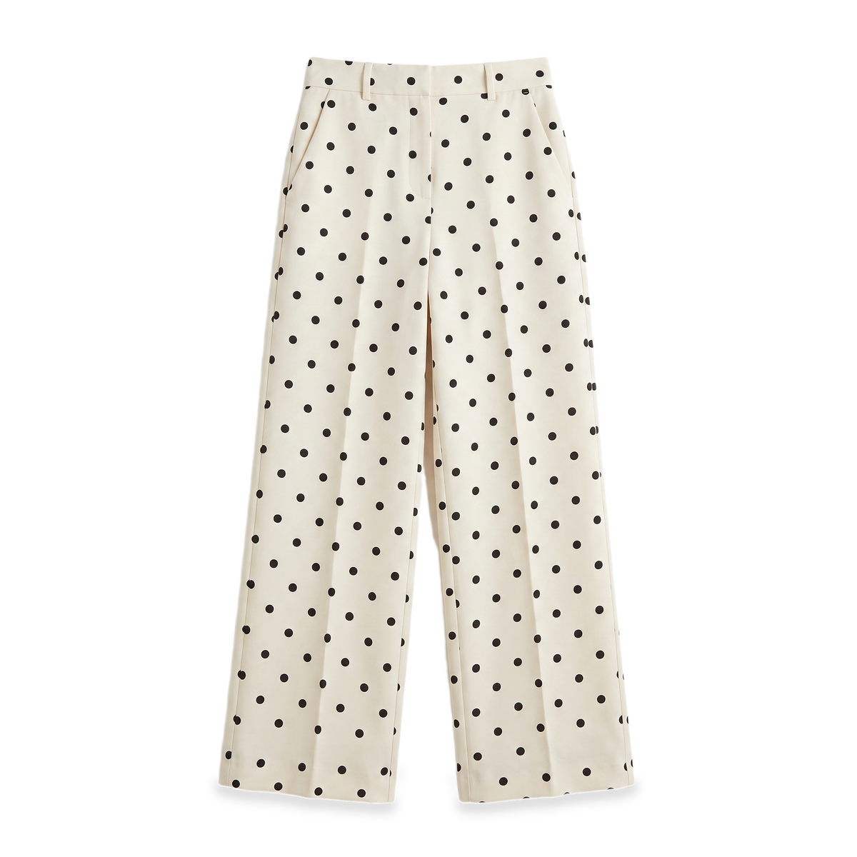 Sunoire cream polka dot tailored trousers garment flatlay 01