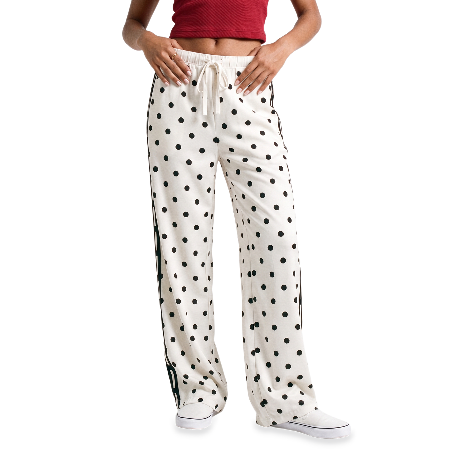 Sunoire white polka dot side stripe track pants bottom front crop 01