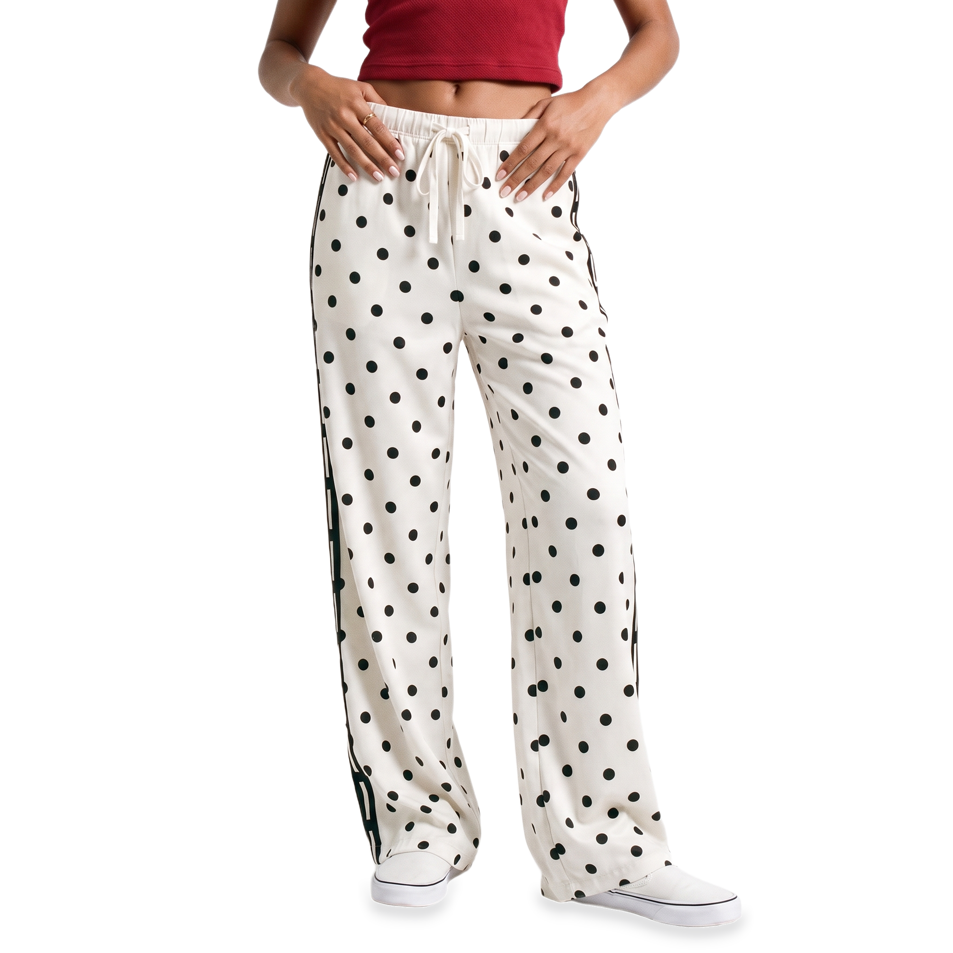 Sunoire white polka dot side stripe track pants bottom front crop 01