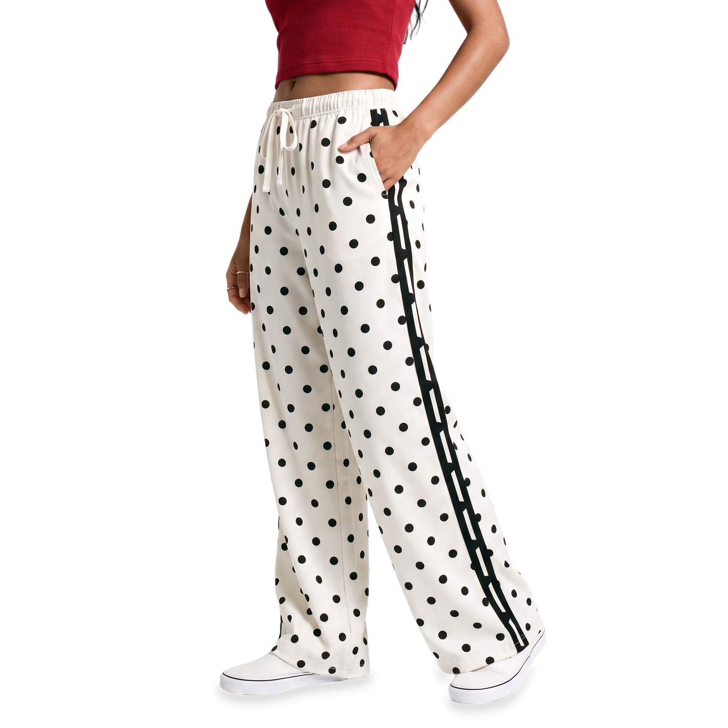 Sunoire white polka dot side stripe track pants bottom crop 3q 01