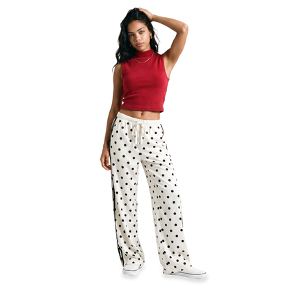 Sunoire white polka dot side stripe track pants front hero 01