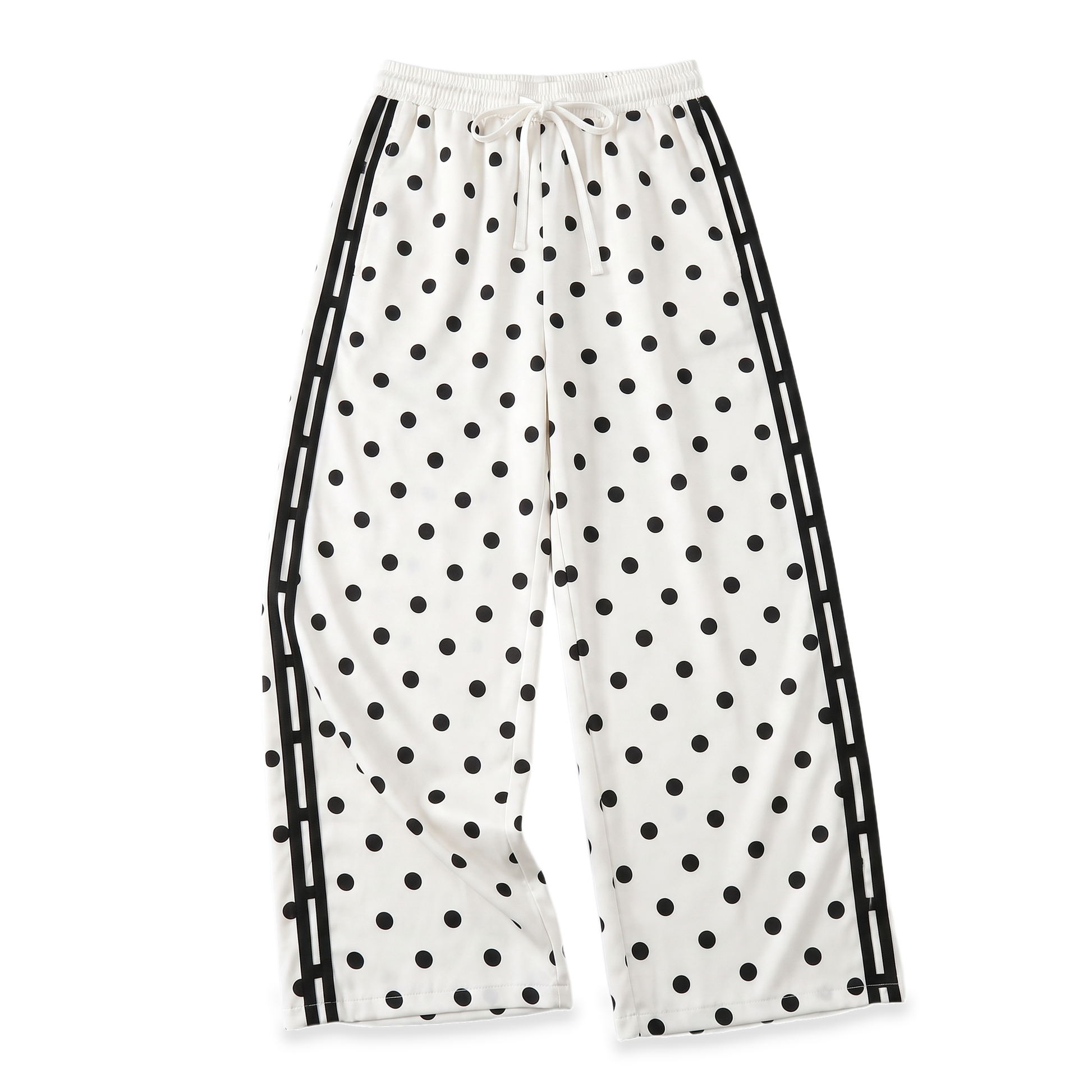Sunoire white polka dot side stripe track pants garment flatlay 01