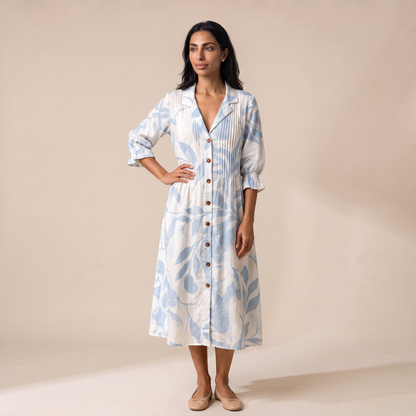 Sunoire women s printed shirt dress relaxed flattering fit colorway blue floral front hero 01