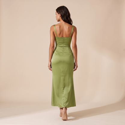 Sunoire women s satin feel ruched waist maxi dress sculpted fit back view 01