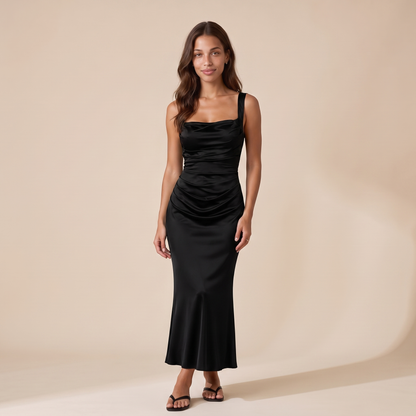 Sunoire women s satin feel ruched waist maxi dress sculpted fit colorway black front hero 01