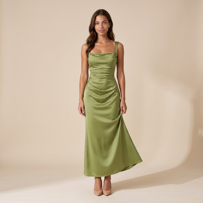 Sunoire women s satin feel ruched waist maxi dress sculpted fit front hero 01