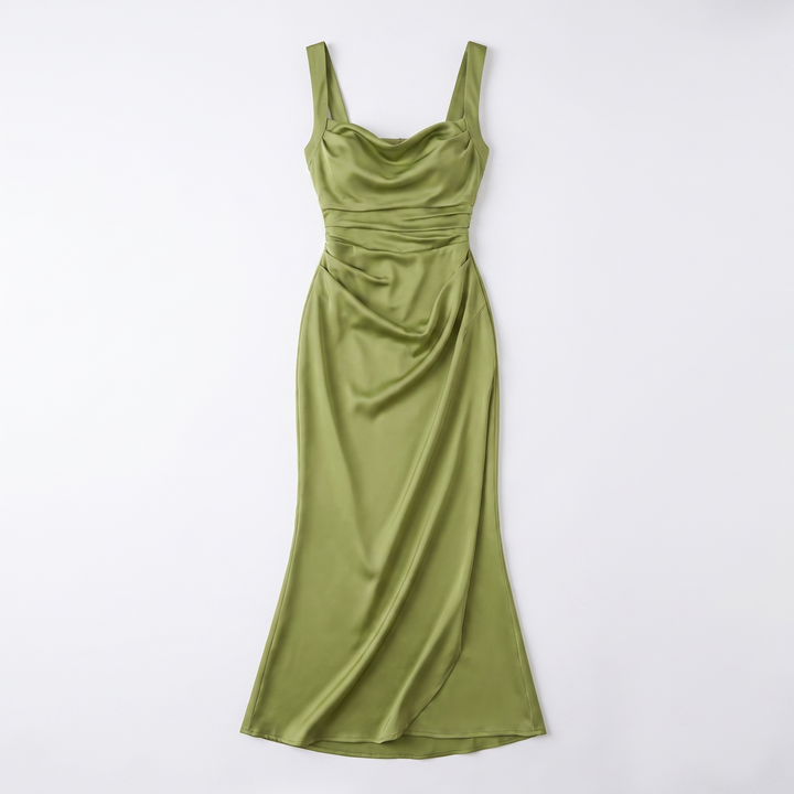 Sunoire women s satin feel ruched waist maxi dress sculpted fit garment flatlay 01