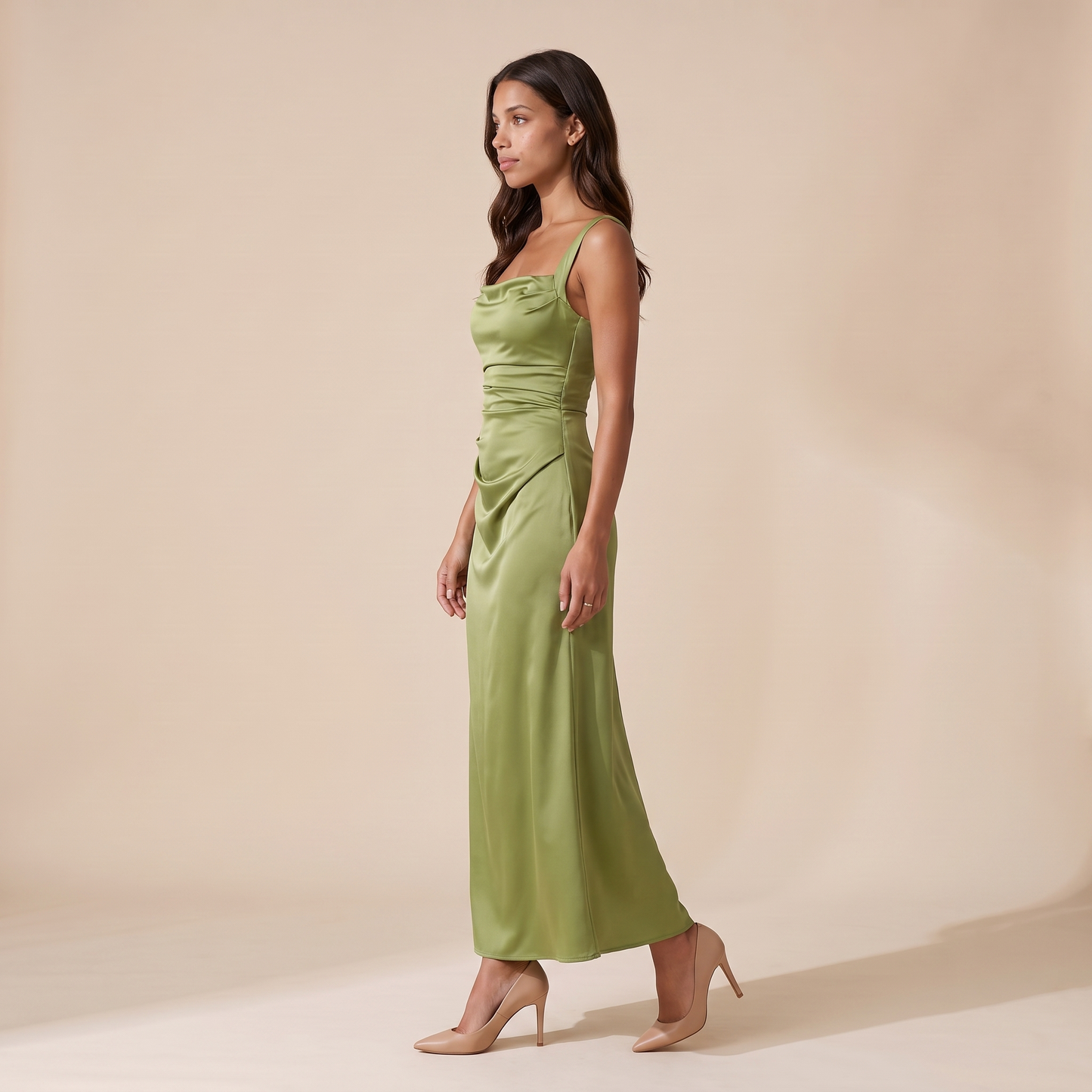 Sunoire women s satin feel ruched waist maxi dress sculpted fit side view 01