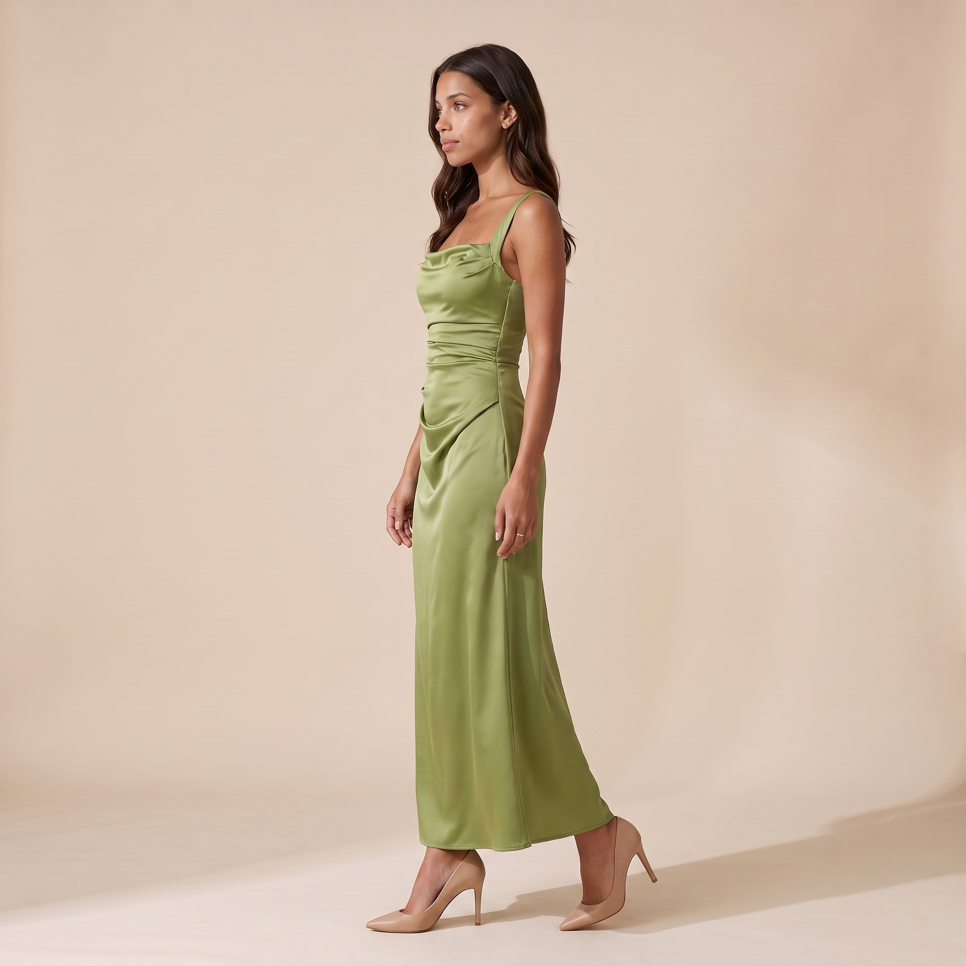 Sunoire women s satin feel ruched waist maxi dress sculpted fit side view 01