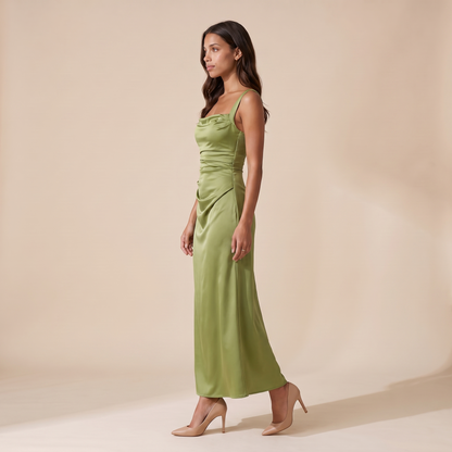 Sunoire women s satin feel ruched waist maxi dress sculpted fit side view 01
