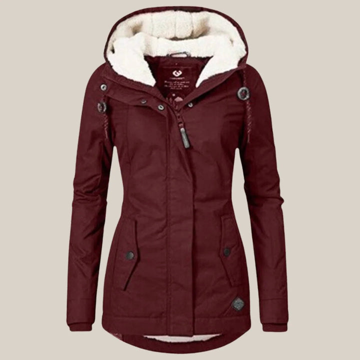 Women's Sherpa-Lined Hooded Quilted Jacket Fleece Winter Coat — Red