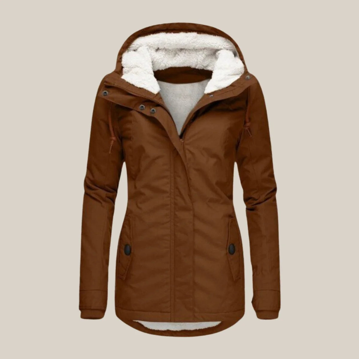 Women's Sherpa-Lined Hooded Quilted Jacket Fleece Winter Coat in Brown