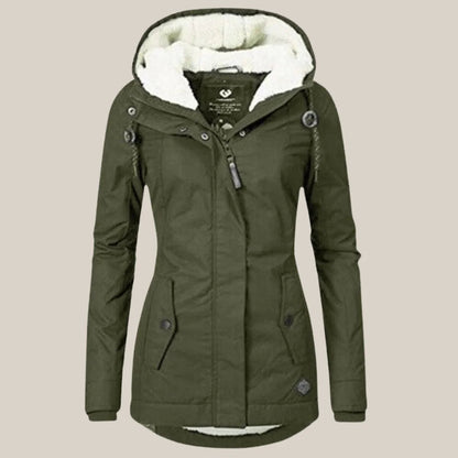 Women's Sherpa-Lined Hooded Quilted Jacket Fleece Winter Coat in Green